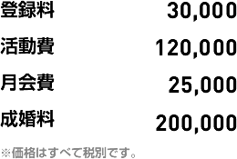 登録料30,000 活動費120,000 月会費25,000 成婚料200,000