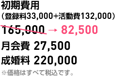 初期費用165,000→82,500 月会費27,500 成婚料220,000